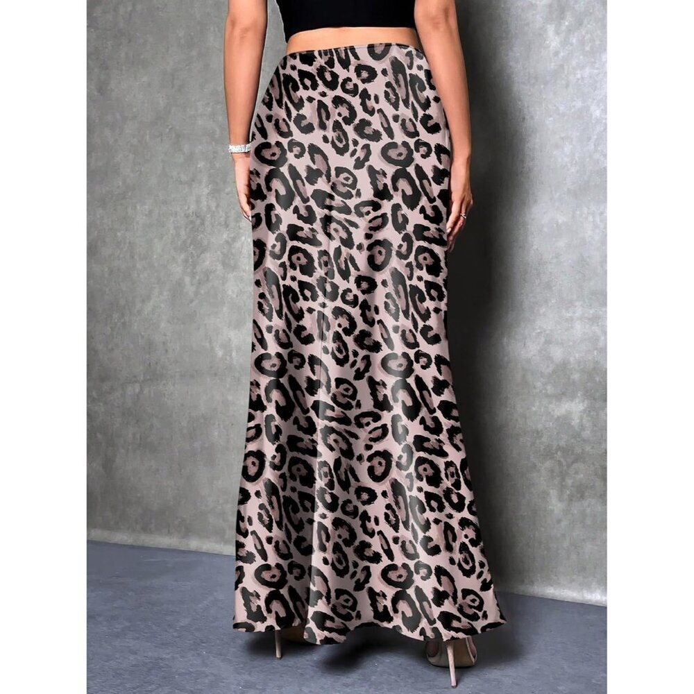 Elegant Satin Maxi Skirt for Women High Waisted Leopard Silk Fall Dressy Casul - Picture 6 of 7